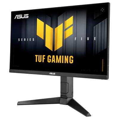 Un moniteur informatique présentant le logo Asus TUF Gaming, avec le texte « Série Cinq », affiché sur un support stable au design minimaliste.