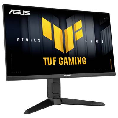 Un moniteur de jeu avec le logo et le texte « TUF Gaming Series Five » affichés à l'écran, doté d'un support élancé et angulaire et de très fines bordures.