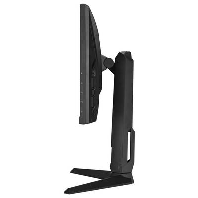 Vue latérale d'un élégant moniteur informatique noir avec une lunette fine, un pied ajustable et des boutons de contrôle visibles sur le côté.
