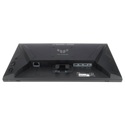'Vue arrière d'un moniteur TUF Gaming montrant le logo, les ports de connexion incluant HDMI et DisplayPort, et l'entrée d'alimentation.'