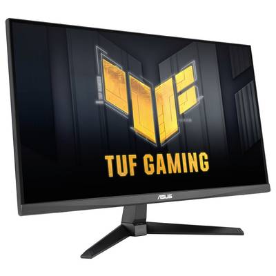 Moniteur de jeu ASUS TUF Gaming affichant le logo TUF Gaming à l'écran, présentant un design noir épuré et un support réglable.