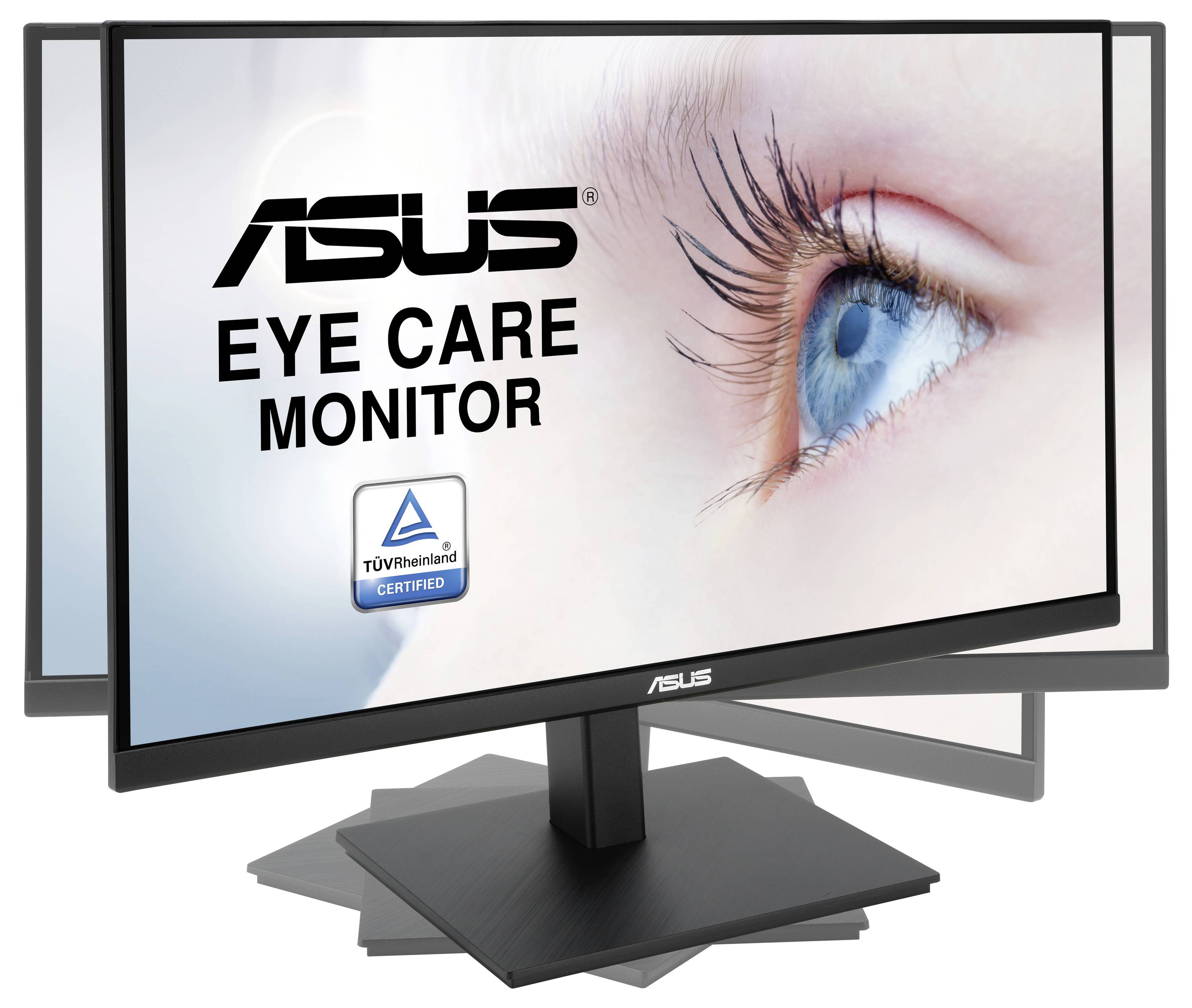 "Moniteur ASUS de Soin des Yeux" avec certification TÜV Rheinland, présentant une image rapprochée d'un œil à l'écran pour réduire la fatigue oculaire.