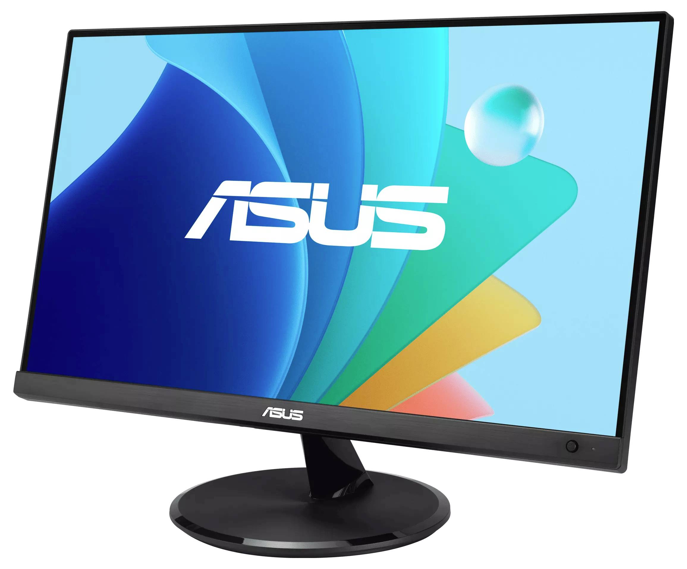 Un moniteur informatique ASUS à cadre noir affichant un arrière-plan abstrait coloré avec le logo ASUS.