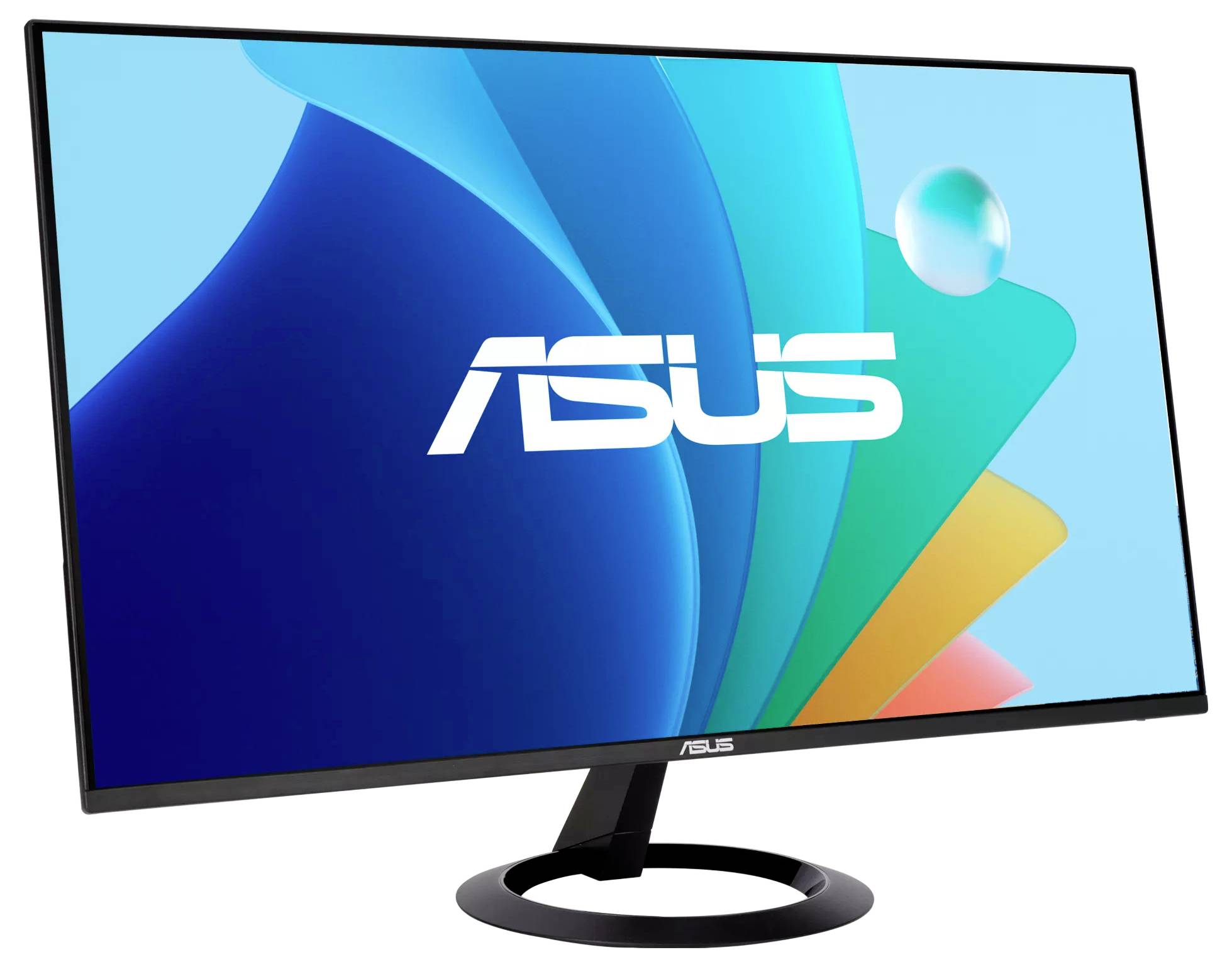 Un élégant moniteur informatique ASUS au design minimaliste, présentant un fond d'écran abstrait coloré et un support circulaire noir fin.