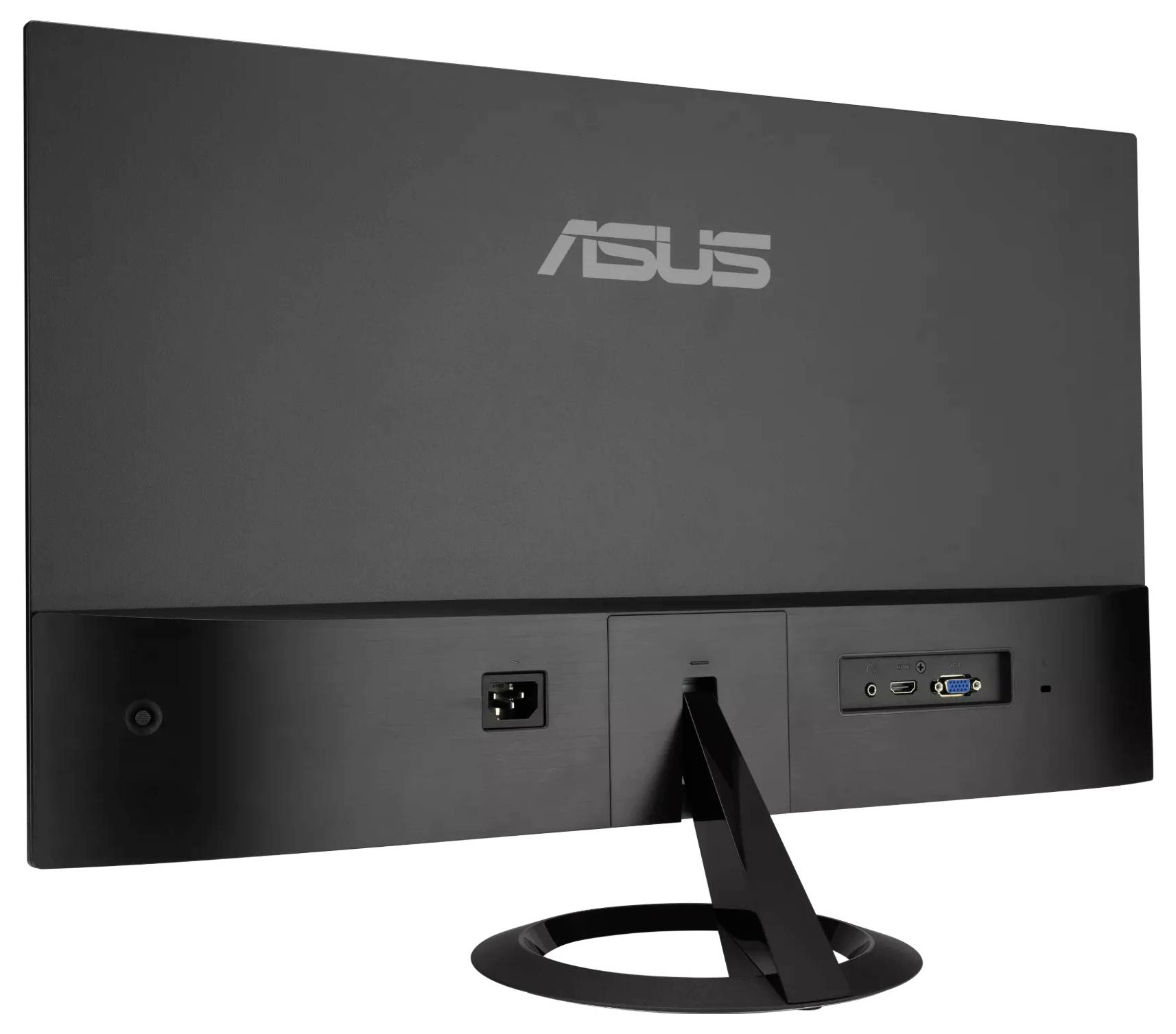 L'arrière d'un moniteur d'ordinateur noir avec un support circulaire, montrant les ports d'alimentation et de connexion, étiqueté « ASUS » à l'arrière.