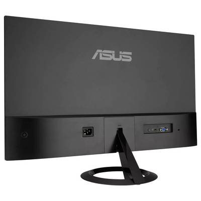 L'arrière d'un moniteur d'ordinateur noir avec un support circulaire, montrant les ports d'alimentation et de connexion, étiqueté « ASUS » à l'arrière.