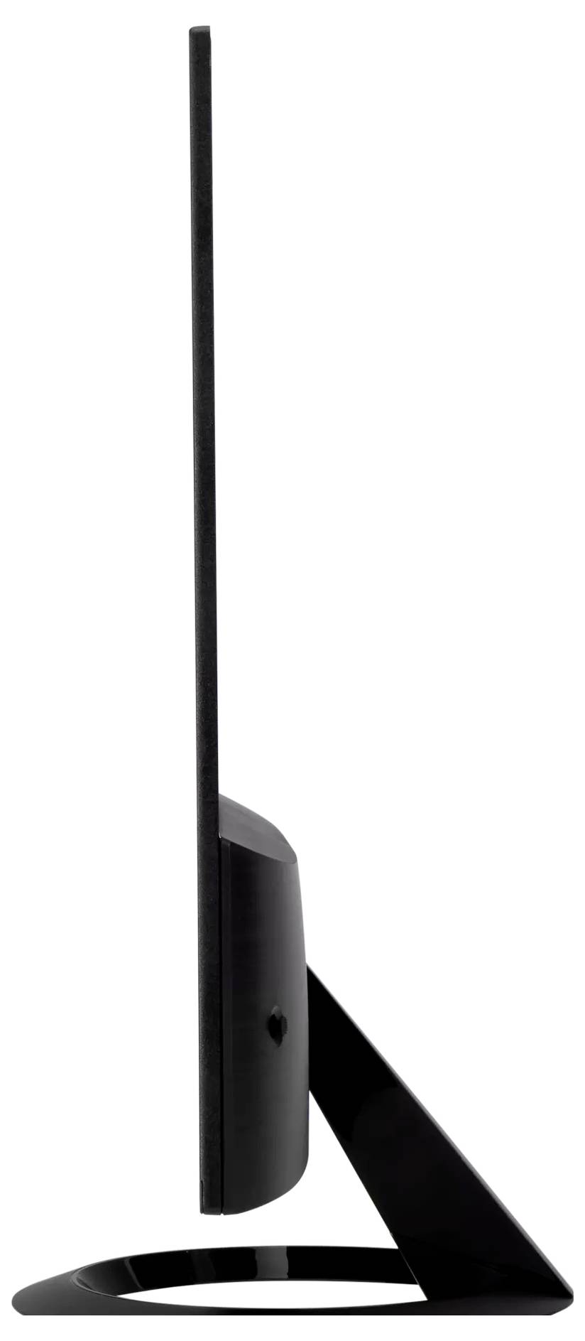 Vue de côté d'un écran d'ordinateur fin sur un support, mettant en évidence un design épuré et une épaisseur minimale.
