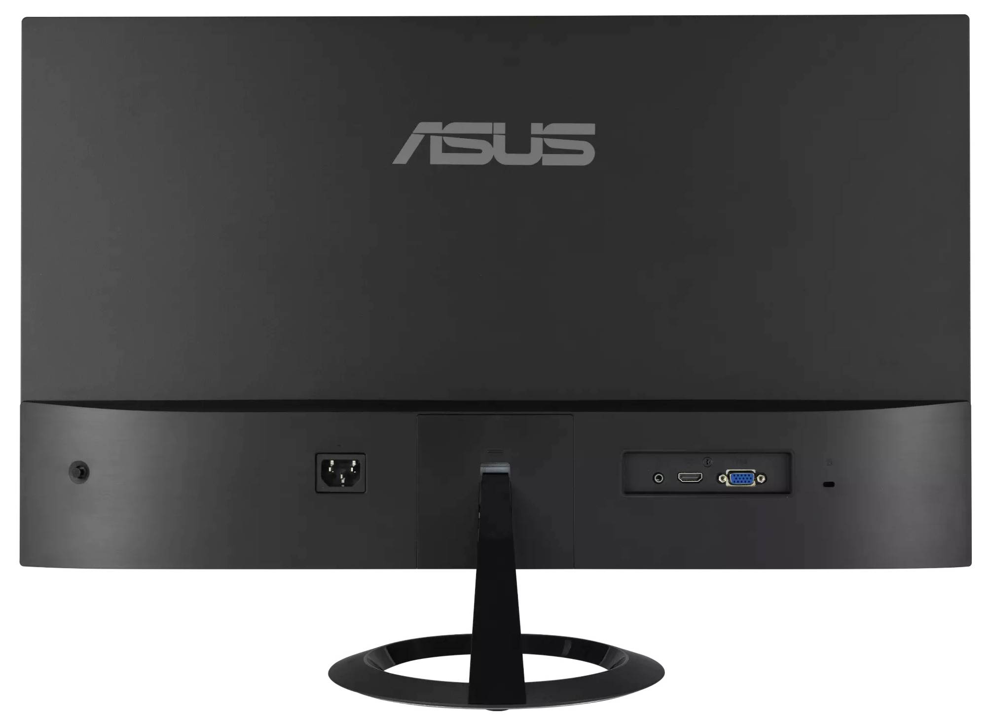 Vue arrière d'un moniteur ASUS, présentant un port HDMI, un port VGA et une entrée d'alimentation sur un support noir épuré.