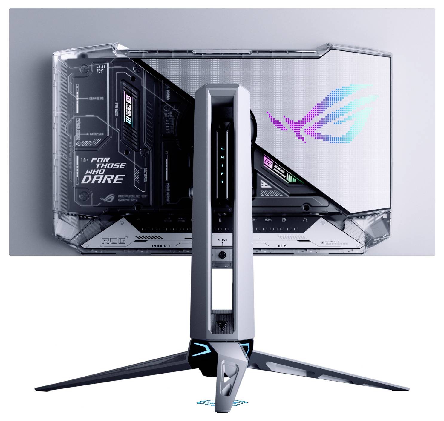 Une vue latérale d'un moniteur informatique noir et fin sur un pied. Le pied a un design angulé unique et un accent rouge à la base.