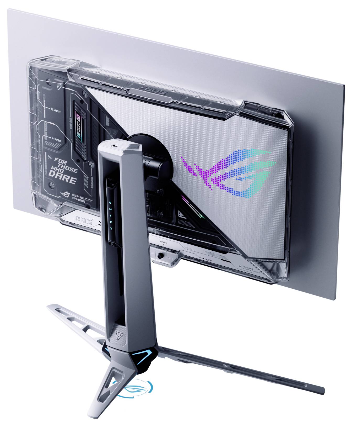 Un moniteur de jeu vu de l'arrière, présentant un design futuriste avec un logo éclairé en RGB et un support réglable avec des accents d'éclairage bleu.
