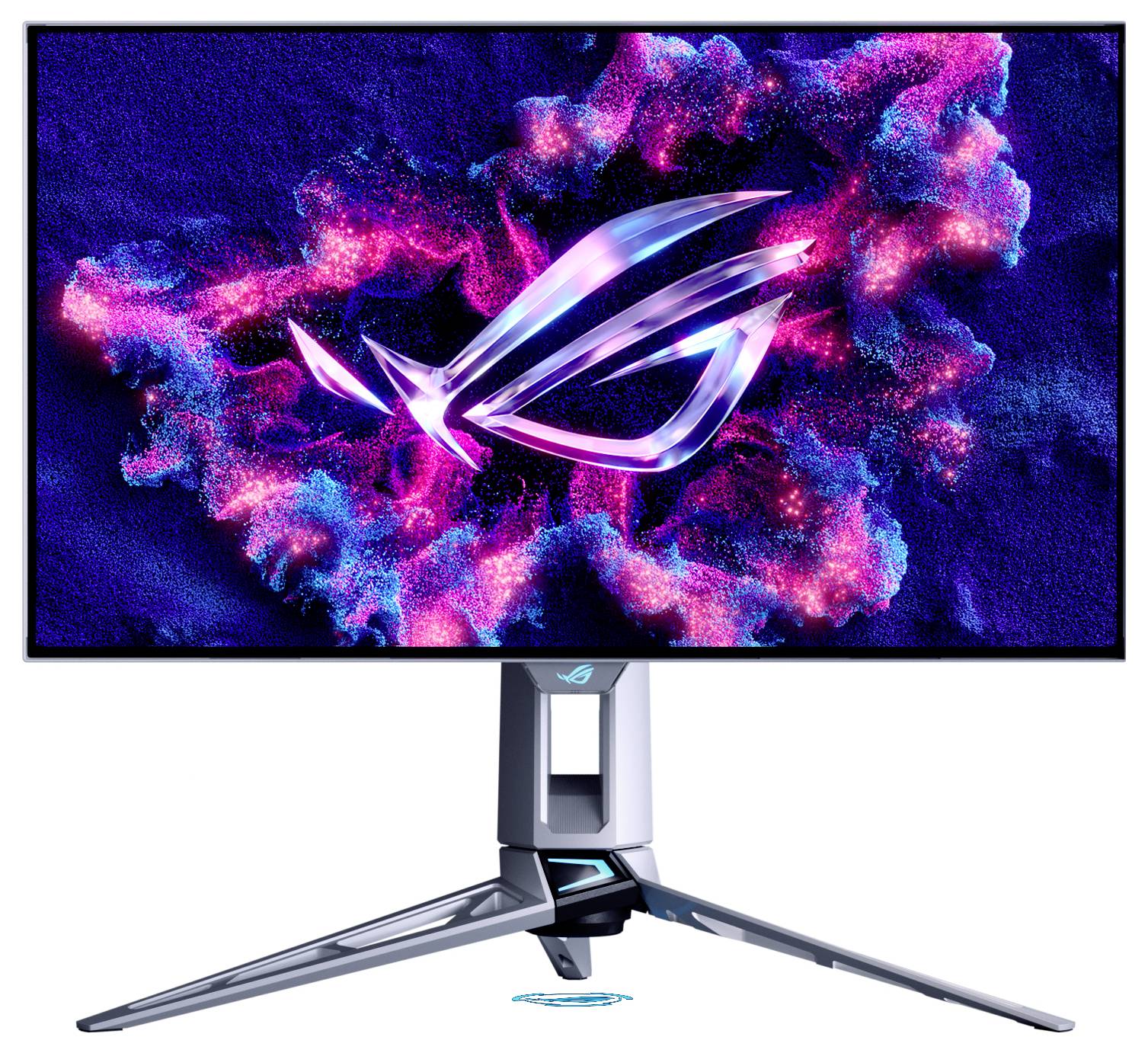 Un moniteur d'ordinateur affiche une image abstraite vibrant avec des couleurs rose fluo et bleu, et un logo stylisé au centre.
