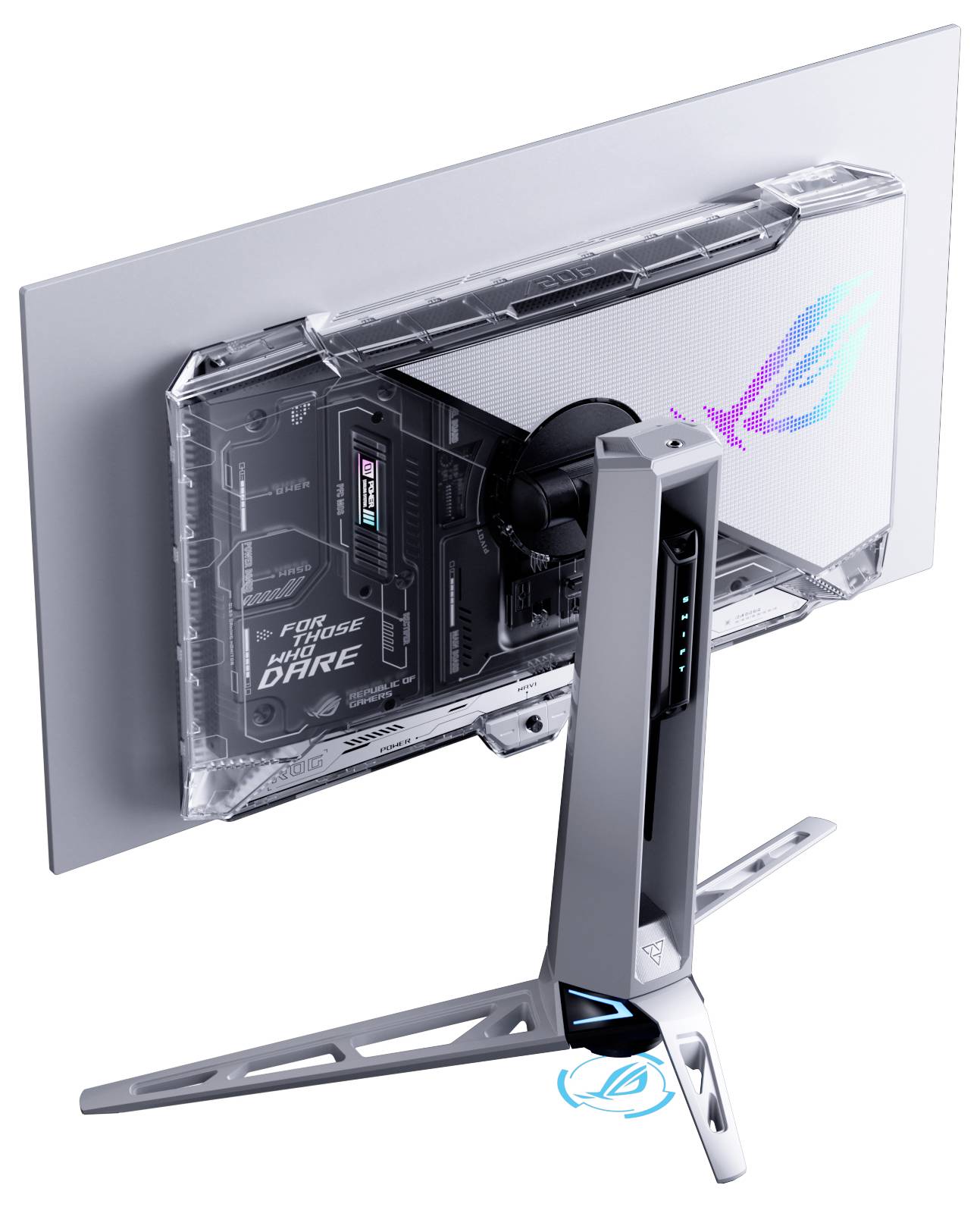 Vue en angle d'un élégant moniteur d'ordinateur moderne sur un support géométrique unique, affichant le logo ROG avec des accents d'éclairage LED.