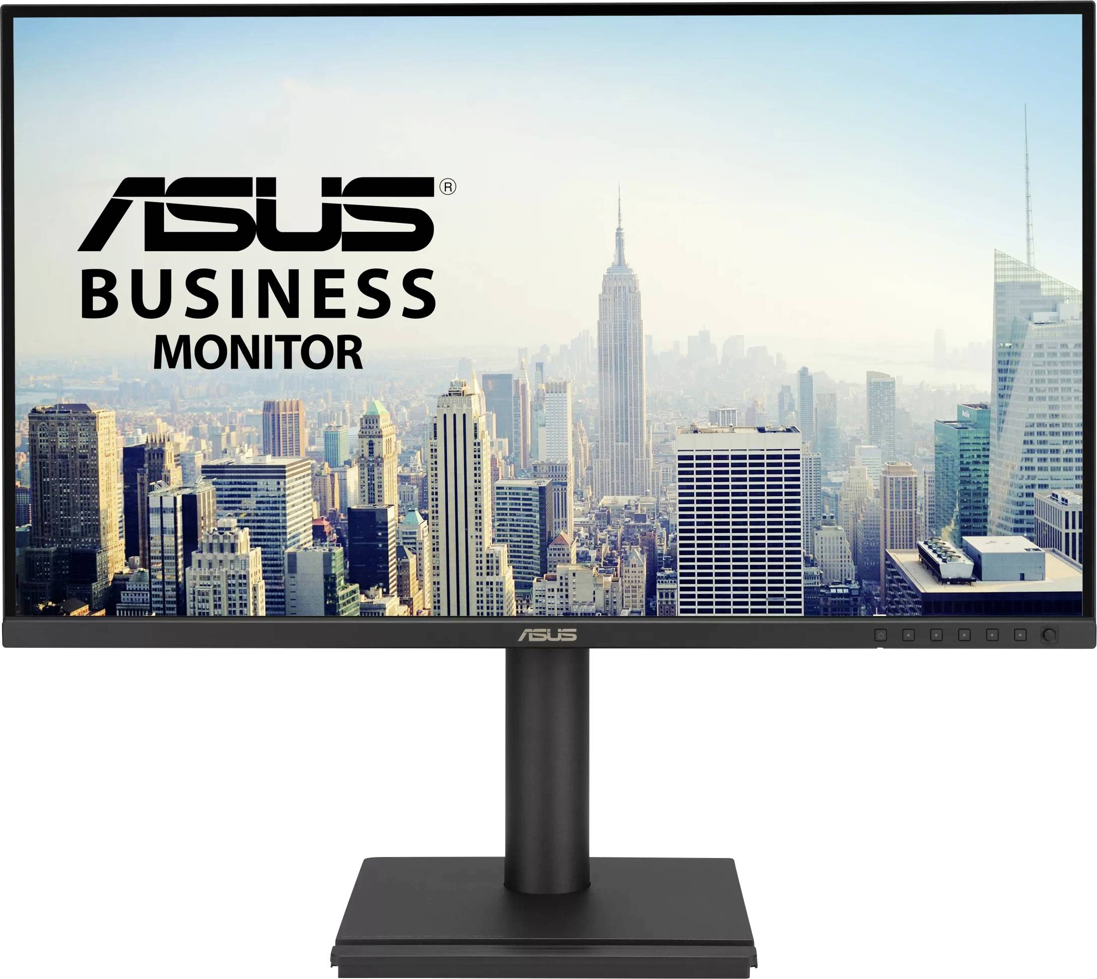 Moniteur Commercial ASUS affichant un paysage urbain avec l'Empire State Building, illustrant un grand écran et des bordures fines pour une utilisation professionnelle.