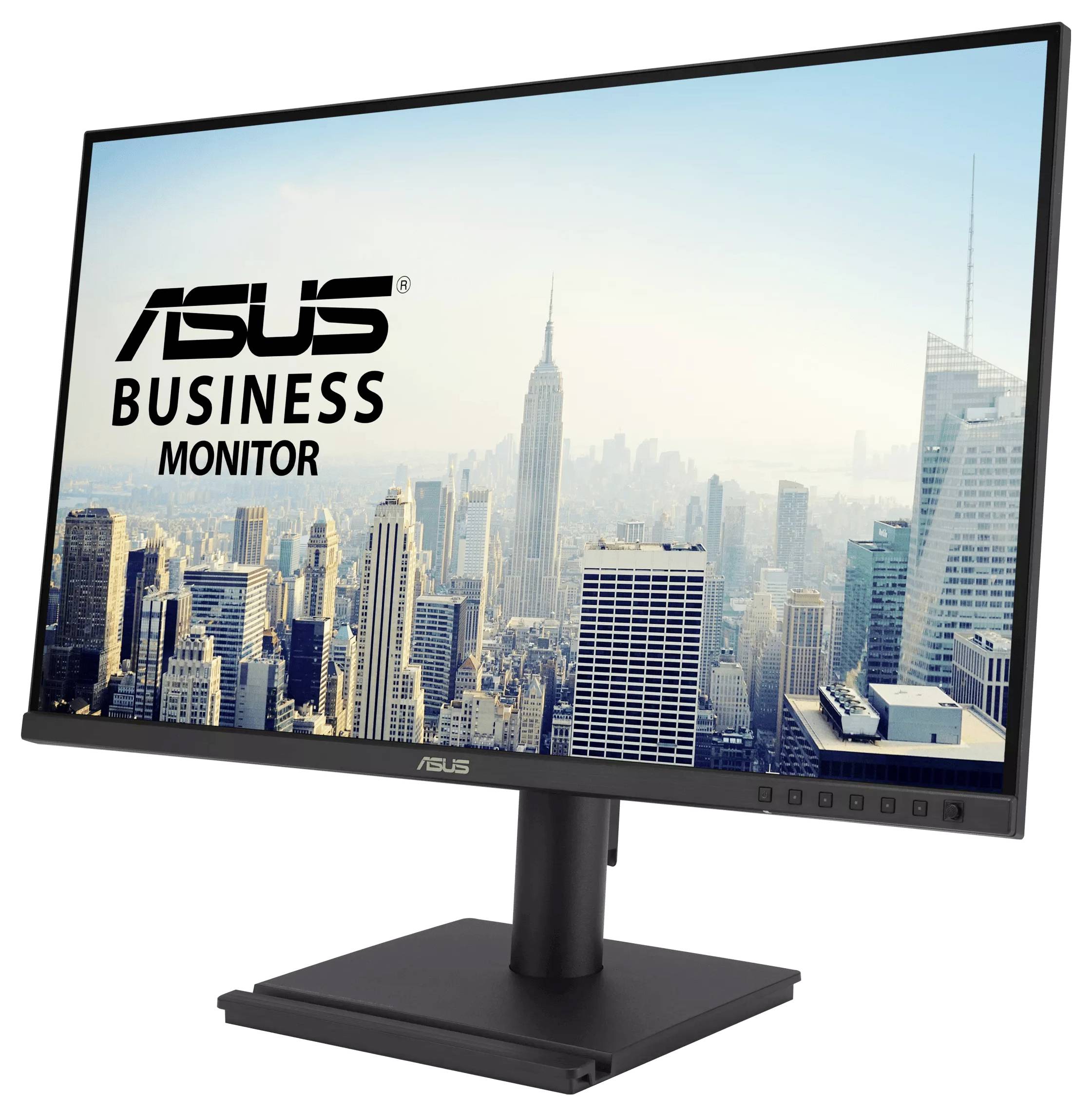 Un moniteur d'ordinateur affichant une skyline de ville avec le texte « ASUS Business Monitor ».