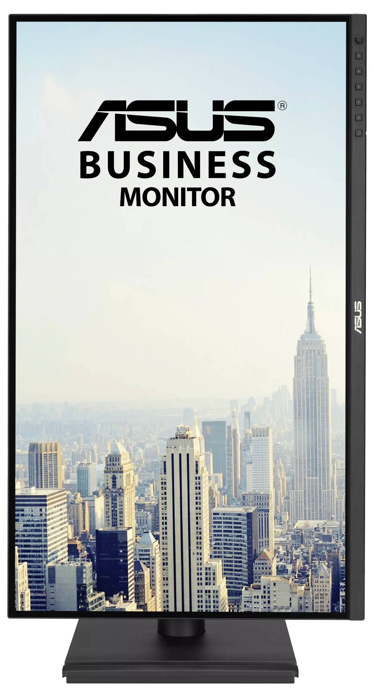 Un moniteur ASUS affichant un paysage urbain avec de grands bâtiments et un ciel dégagé, promouvant son utilisation comme moniteur professionnel.