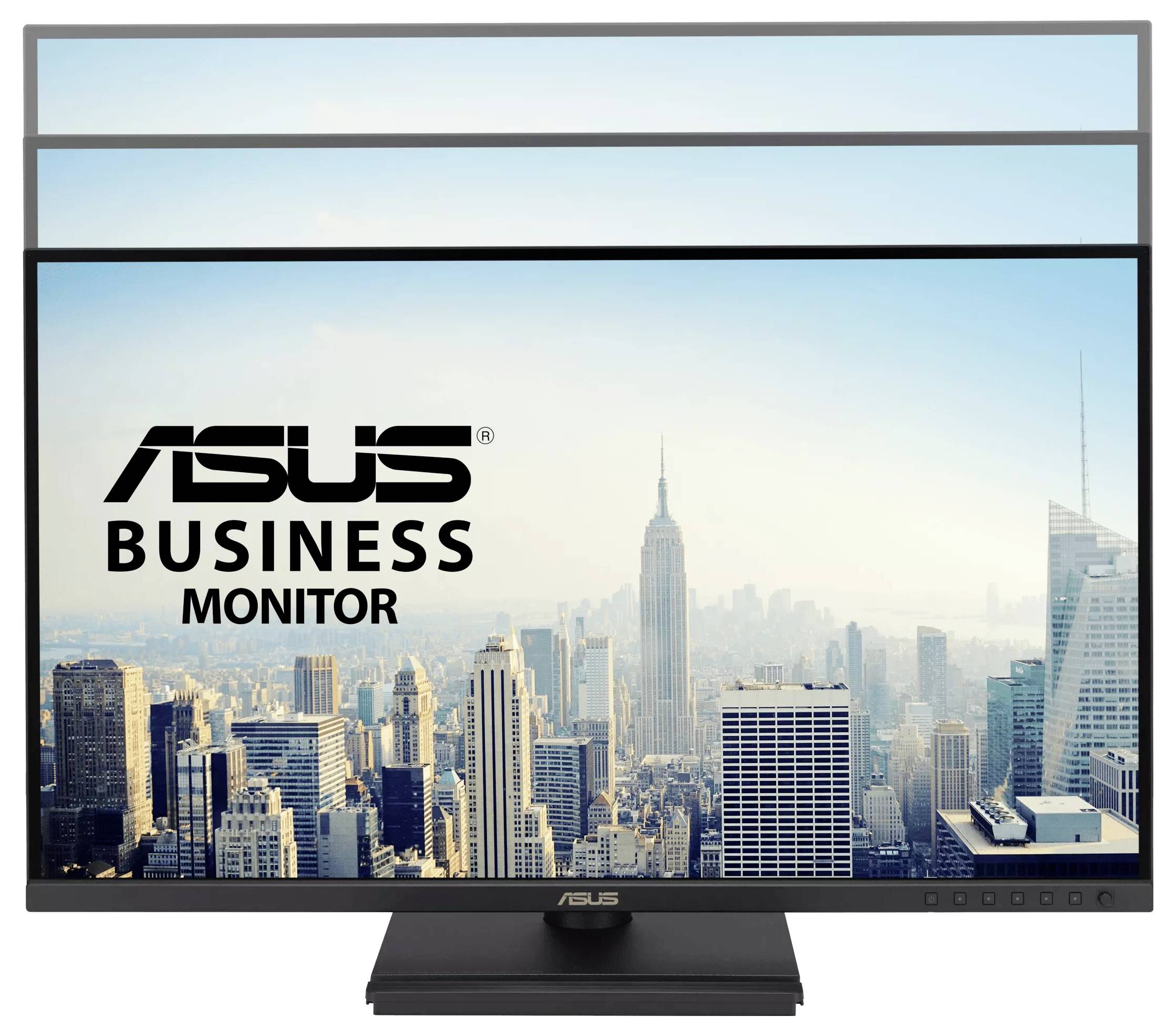 Vue latérale d'un moniteur d'ordinateur noir sur un support, affichant un écran rouge vibrant avec des graphiques futuristes.