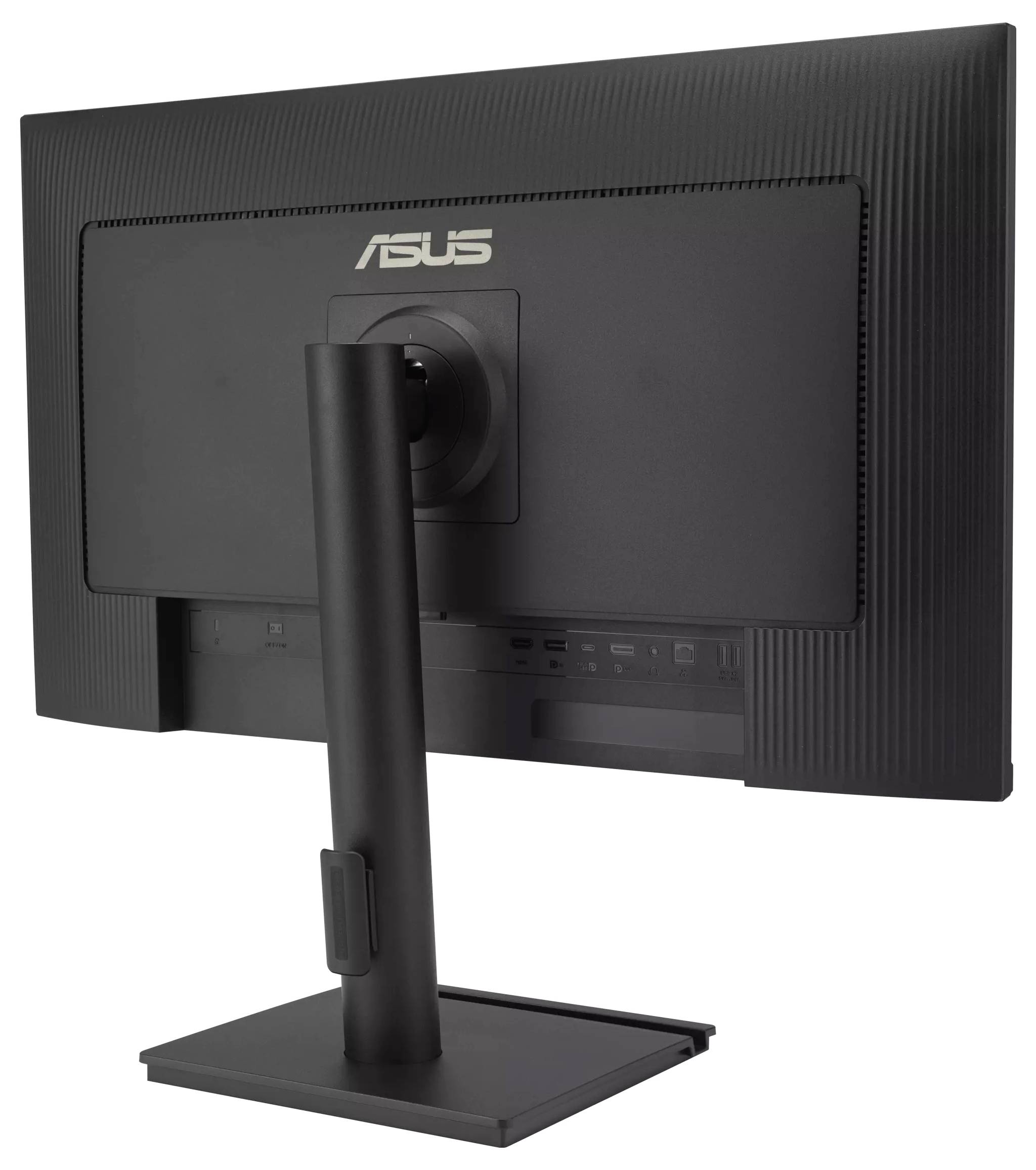 Un moniteur noir vu de l'arrière, présentant un support robuste et un mécanisme d'inclinaison réglable, affichant le logo ASUS sur le dessus arrière.