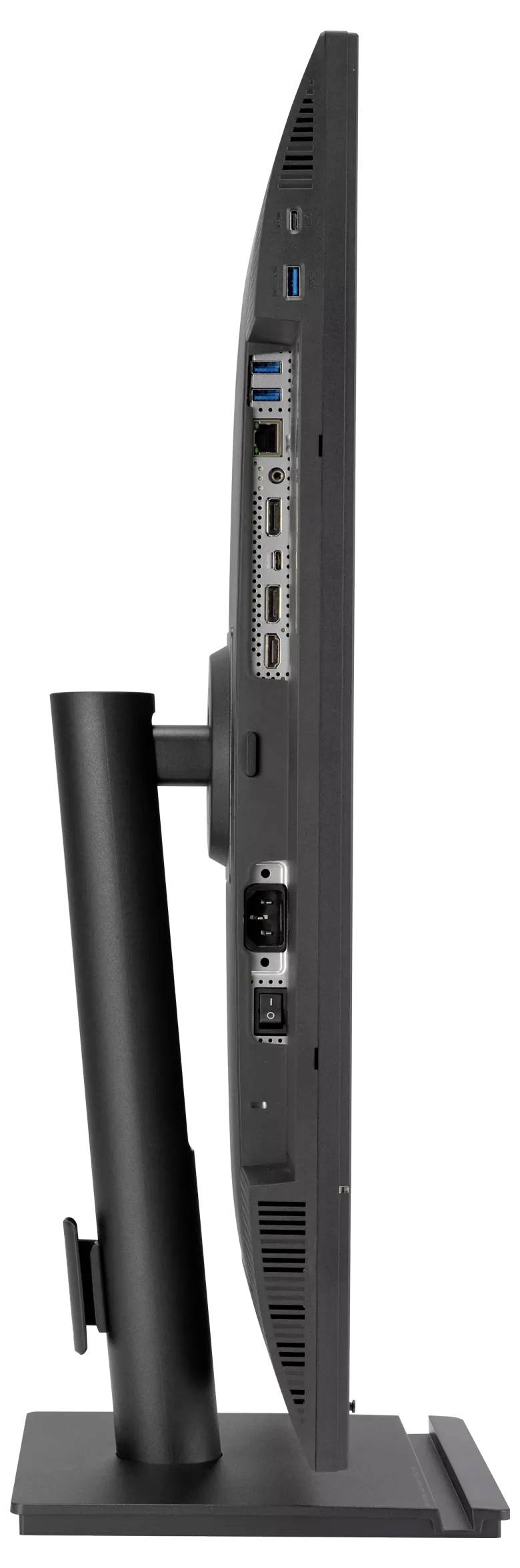 Vue latérale d'un moniteur d'ordinateur élégant montrant les ports de connectivité, y compris USB et HDMI, monté sur un socle noir réglable.
