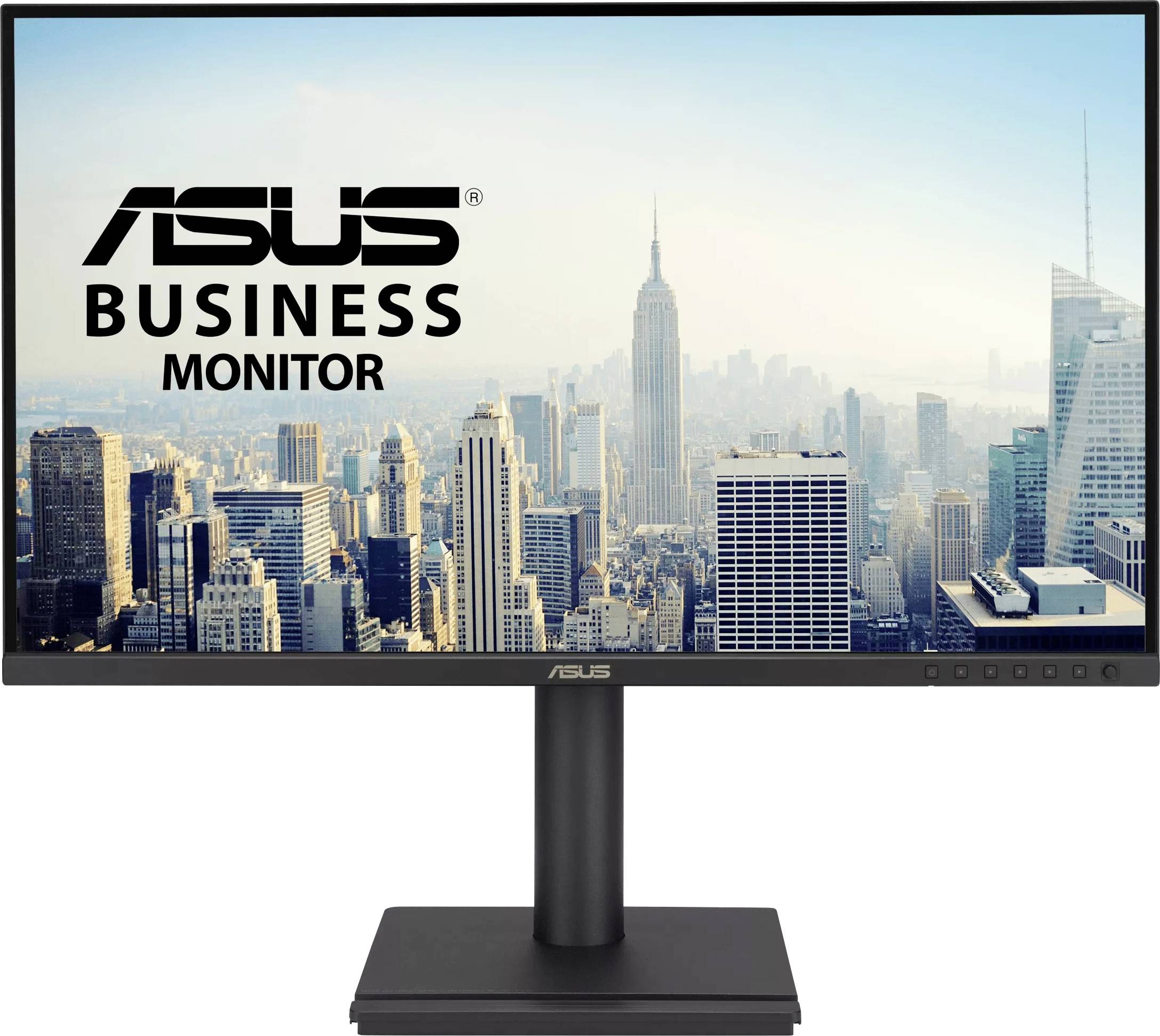 Moniteur professionnel ASUS affichant une ligne d'horizon urbaine avec des gratte-ciel en arrière-plan, mettant en évidence le design orienté vers les professionnels du produit.