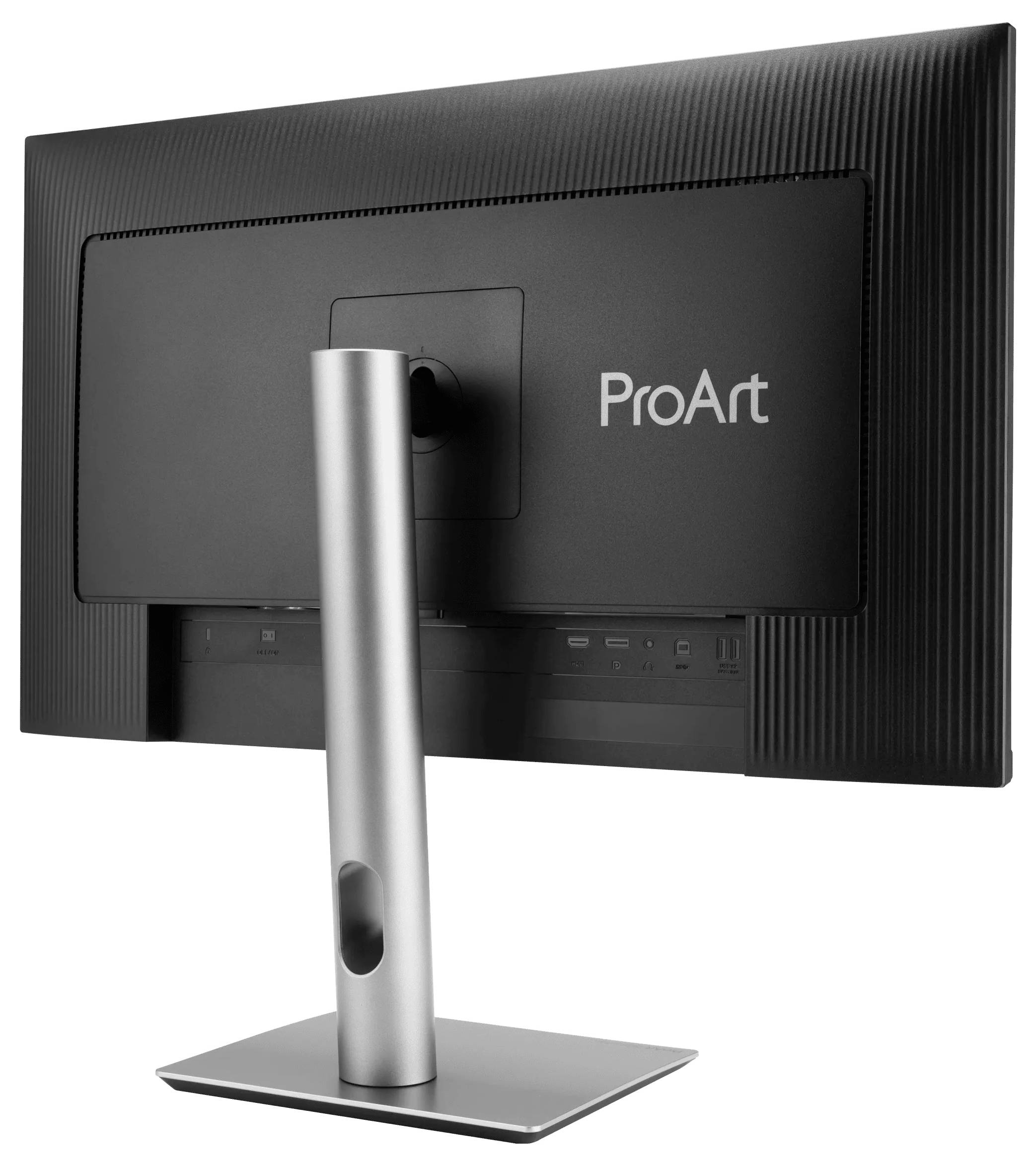 Un élégant moniteur d'ordinateur vu de l'arrière, doté d'un socle métallique et du mot « ProArt » sur le panneau arrière.
