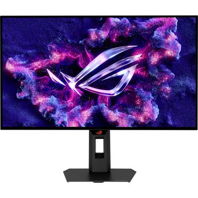 Un moniteur de jeu moderne avec un logo éclatant affichant des couleurs rose néon et bleu sur un fond abstrait dynamique.