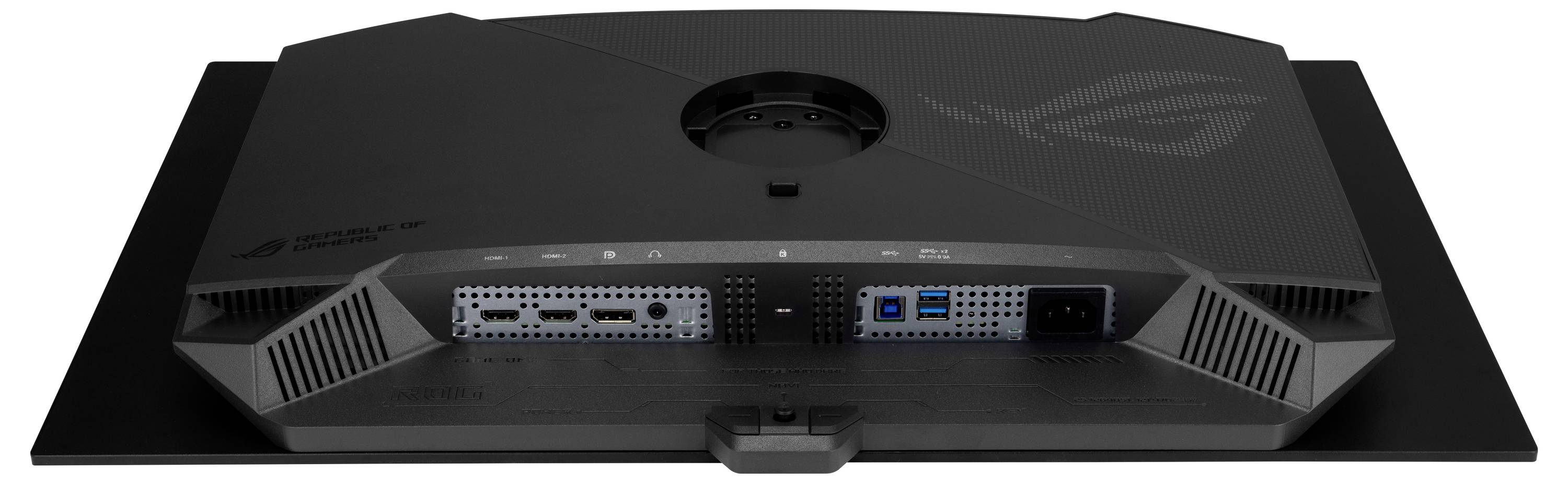 Un moniteur de jeu vu de l'arrière, montrant les ports HDMI, DisplayPort, USB et d'alimentation. Le design comprend des évents de refroidissement et une esthétique épurée et angulaire.