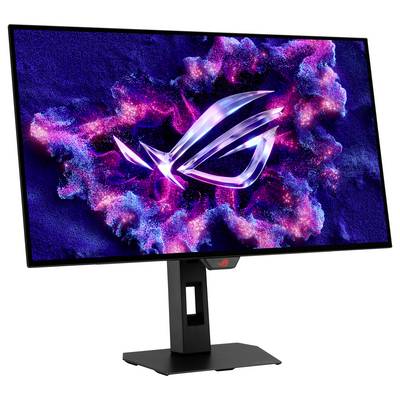 Un moniteur de jeu avec un écran vibrant affichant un design abstrait d'un logo stylisé au milieu de nuages tourbillonnants et colorés sur l'écran.