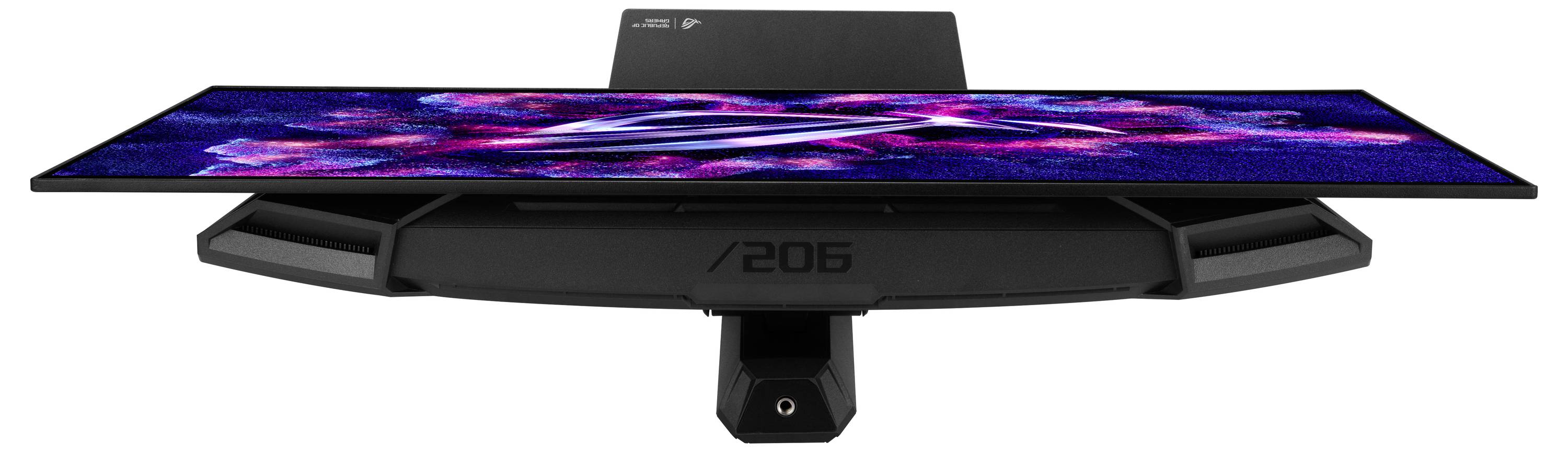 Moniteur d'ordinateur ASUS ROG affichant un motif graphique coloré. Le pied du moniteur est stylisé avec le chiffre « 205 ».