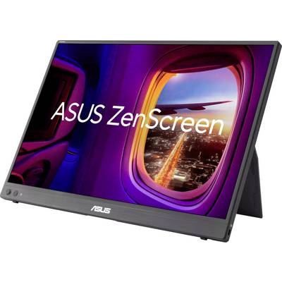 Un moniteur portable Asus ZenScreen affichant une vue de fenêtre d'avion avec des lumières de la ville en dessous, créant un arrière-plan à thème de voyage.