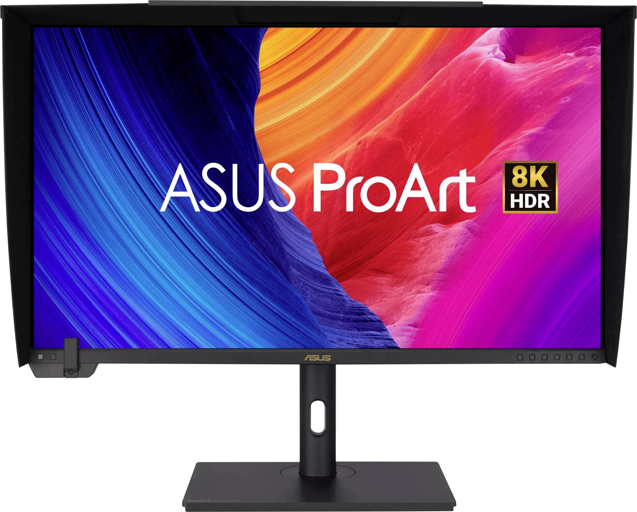 Moniteur ASUS ProArt 8K HDR affichant des couleurs bleu vif, orange et rose à l'écran.