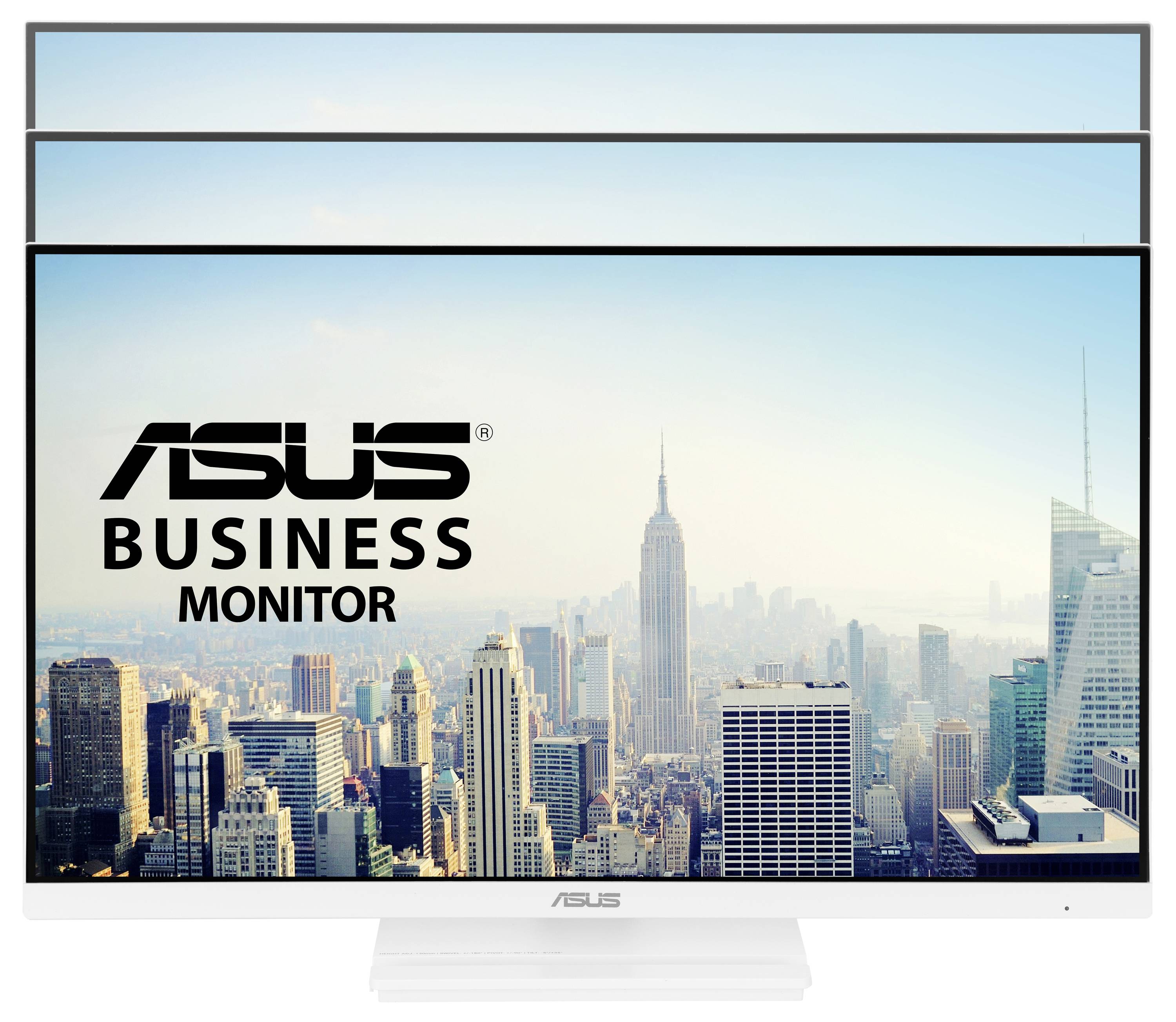 Moniteur commercial ASUS affichant une skyline urbaine avec des gratte-ciel ; vue de face d'un moniteur mettant en avant des visuels vibrants et clairs.