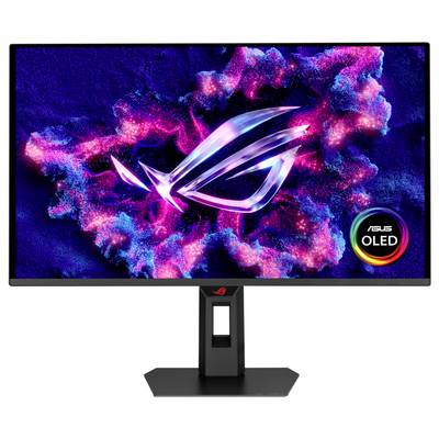 Un moniteur d'ordinateur affichant des graphiques néon vibrants avec un logo ASUS. L'étiquette « OLED » indique qu'il utilise la technologie OLED pour l'affichage.