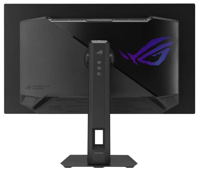 Une vue arrière d'un moniteur de jeu avec le logo de la marque illuminé en bleu sur le panneau arrière, présentant un design de support épuré et moderne.