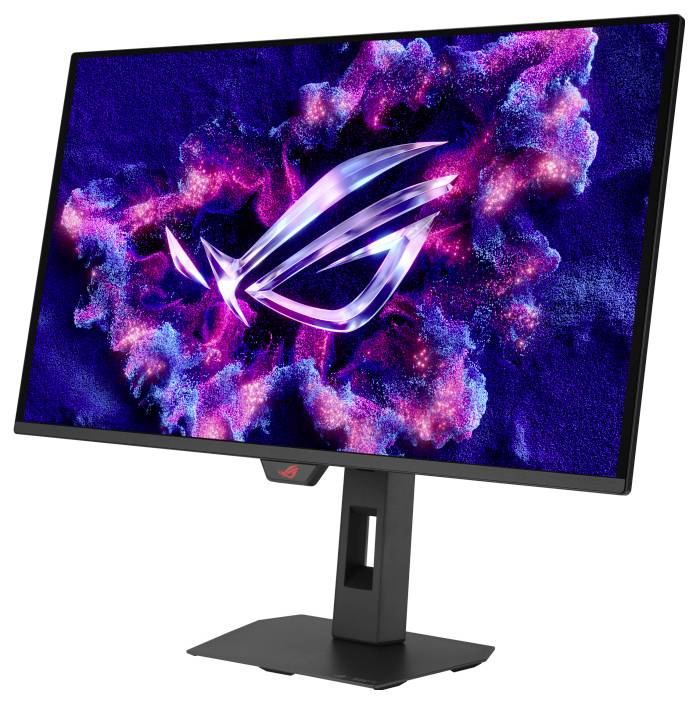 Un moniteur de jeu affichant un design abstrait vibrant avec des couleurs bleu et rose centrées autour d'un logo stylisé sur l'écran.