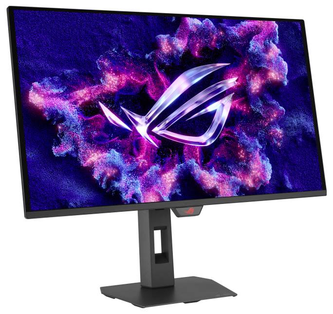 Un moniteur de jeu affichant un fond abstrait et coloré avec un logo « ROG » stylisé en couleurs néon au centre.