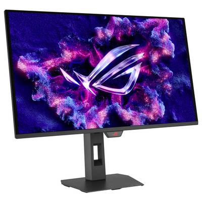 Un moniteur de jeu affichant un fond abstrait et coloré avec un logo « ROG » stylisé en couleurs néon au centre.