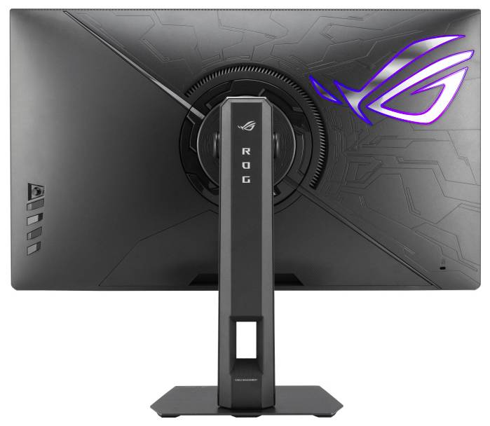 Un moniteur de jeu vu de l'arrière, présentant un design noir avec un logo illuminé, un support ajustable et des motifs géométriques.