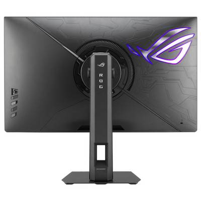 Un moniteur de jeu vu de l'arrière, présentant un design noir avec un logo illuminé, un support ajustable et des motifs géométriques.