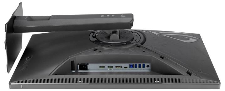 'Une vue arrière d'écran d'ordinateur affiche des ports incluant HDMI, USB et des connexions d'alimentation, avec un support attaché sur le côté gauche.'