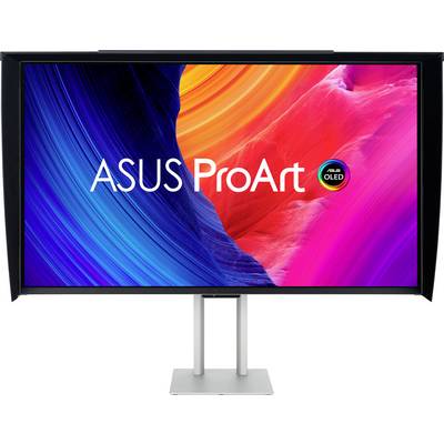 Un moniteur d'ordinateur affichant « ASUS ProArt » sur un fond coloré avec des tourbillons bleu, orange et rose, mettant en évidence la technologie OLED.