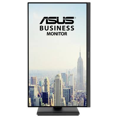 Écran « ASUS Business Monitor » affichant une image verticale d'une skyline urbaine avec de nombreux gratte-ciel et un ciel dégagé.