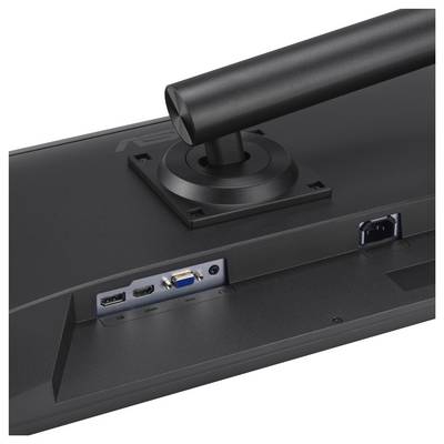 Vue arrière d'un moniteur montrant les ports de connexion : HDMI, DisplayPort, VGA et entrée d'alimentation. Le support est visible au-dessus des ports.