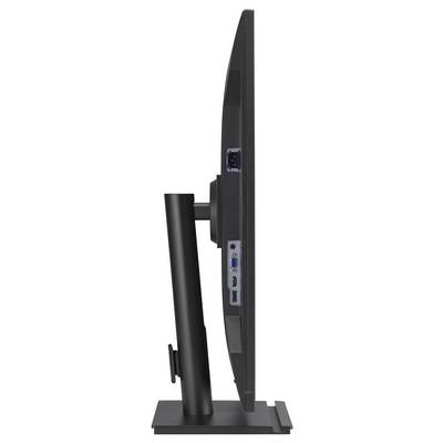 Vue latérale d'un écran d'ordinateur fin sur un pied, présentant les ports à l'arrière, notamment HDMI, USB et une connexion d'alimentation.