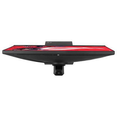 Un écran plat de moniteur vu de dessus, affichant une image rouge vibrant avec des graphiques abstraits. Le moniteur a un design à cadre fin.