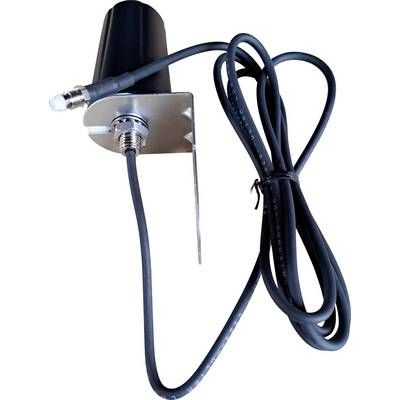 Un capteur cylindrique noir avec un support métallique monté et un long câble noir attaché, reposant sur une surface marron.