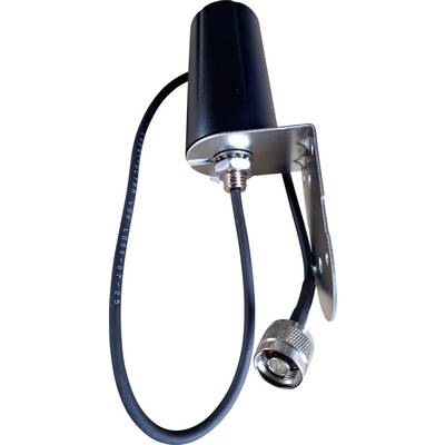 Une petite antenne noire avec un support métallique monté et un câble enroulé attaché se terminant par un connecteur rond, placé sur une surface plane.