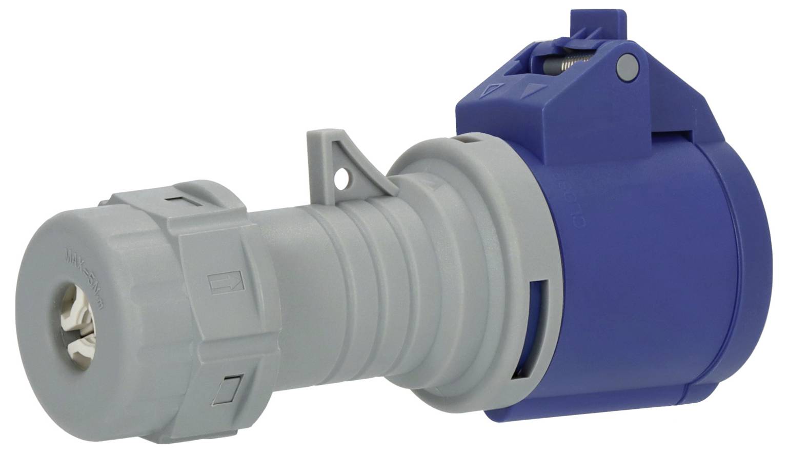 Un connecteur électrique industriel bleu et gris avec mécanisme de verrouillage, utilisé pour connecter des câbles dans des configurations techniques.