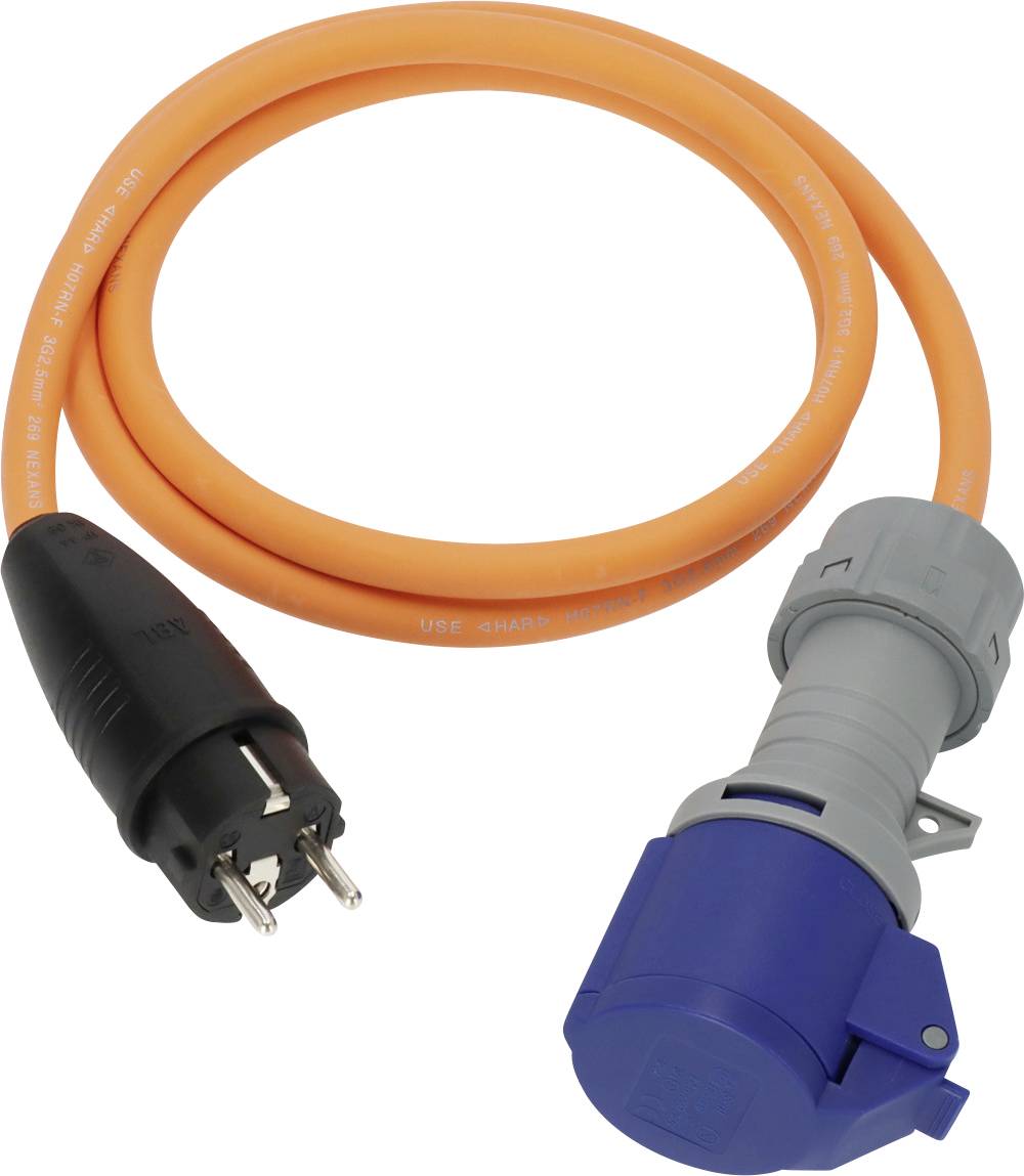 Câble de rallonge orange avec deux connecteurs différents, l'un rond noir et l'autre bleu, conçu pour l'alimentation électrique dans les environnements industriels.