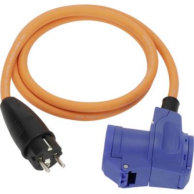 Câble d'alimentation électrique orange avec fiche noire et connecteur bleu attaché