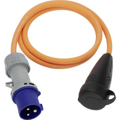 Câble d'alimentation industriel orange avec prise trois broches bleue et connecteur noir coudé sur fond blanc.